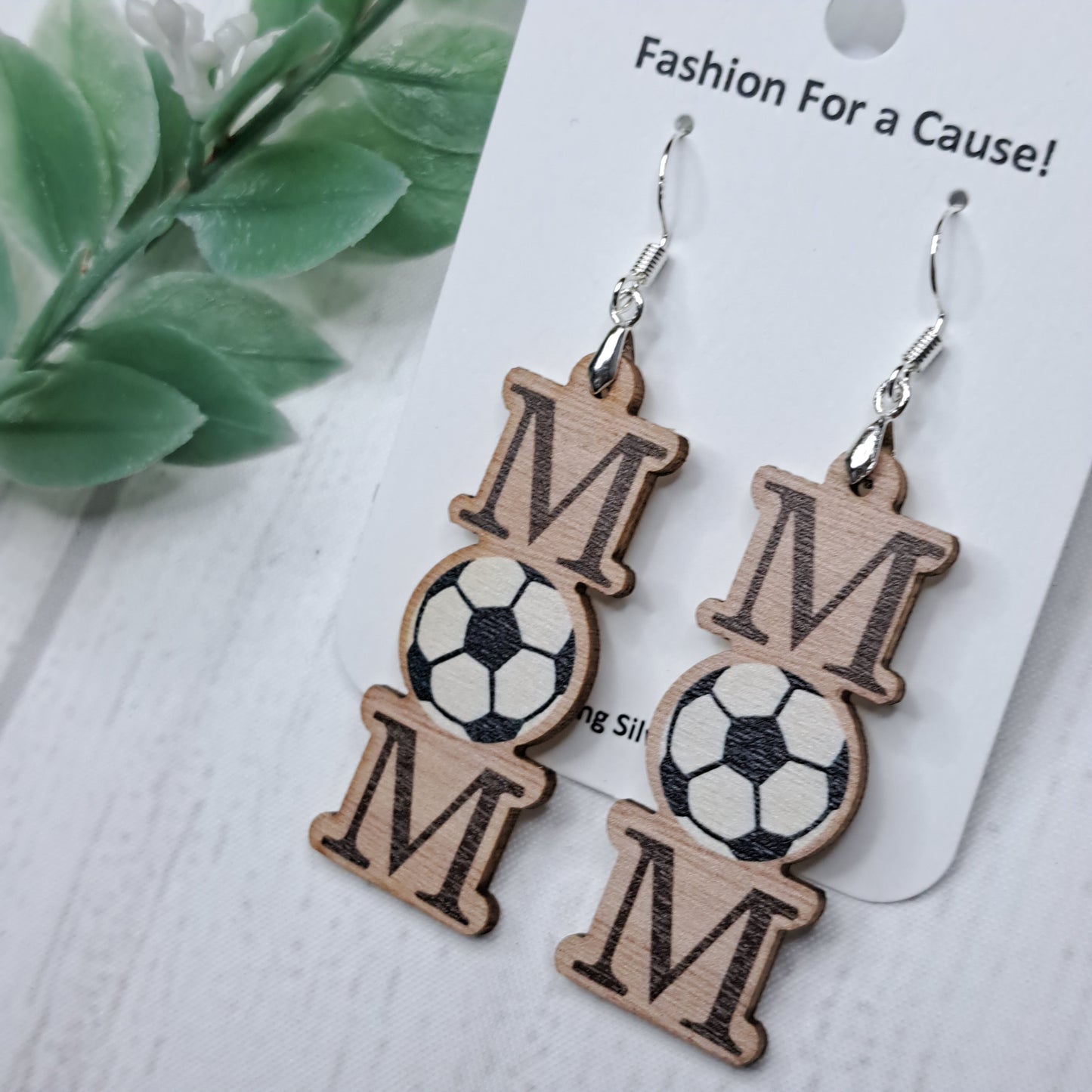 Soccer Ball Mom Wooden Sterling Silver Earrings