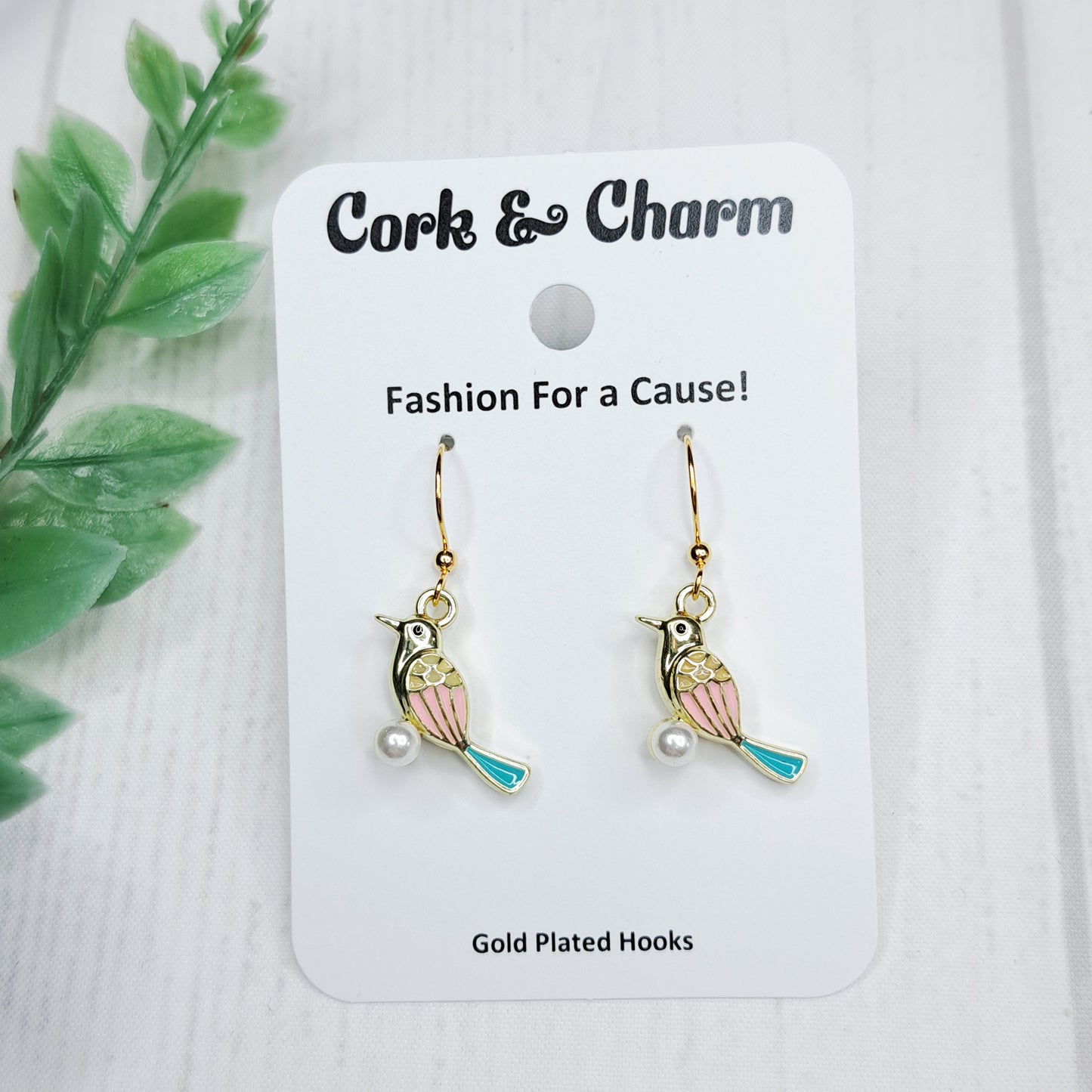 Pink Blue Bird with Pearl Gold Earrings