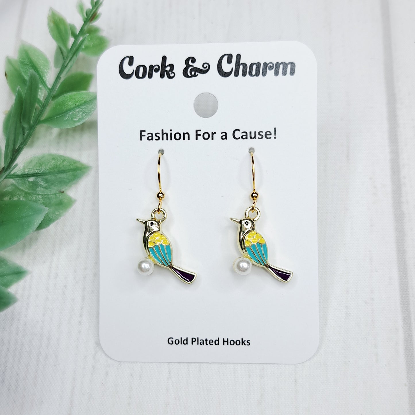 Yellow Blue Bird with Pearl Gold Earrings