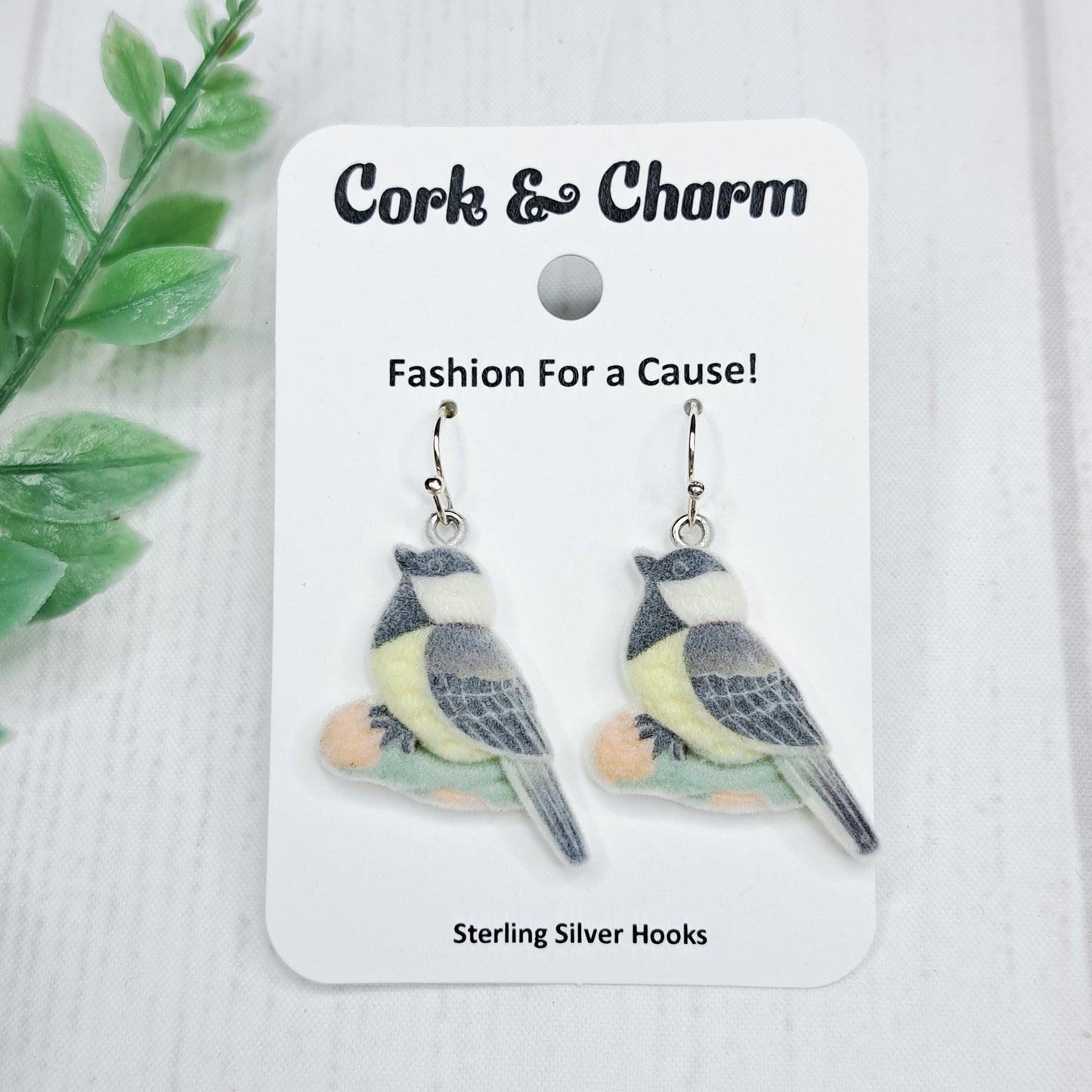 Flocked Fuzzy Chickadee Bird Sterling Silver Earrings