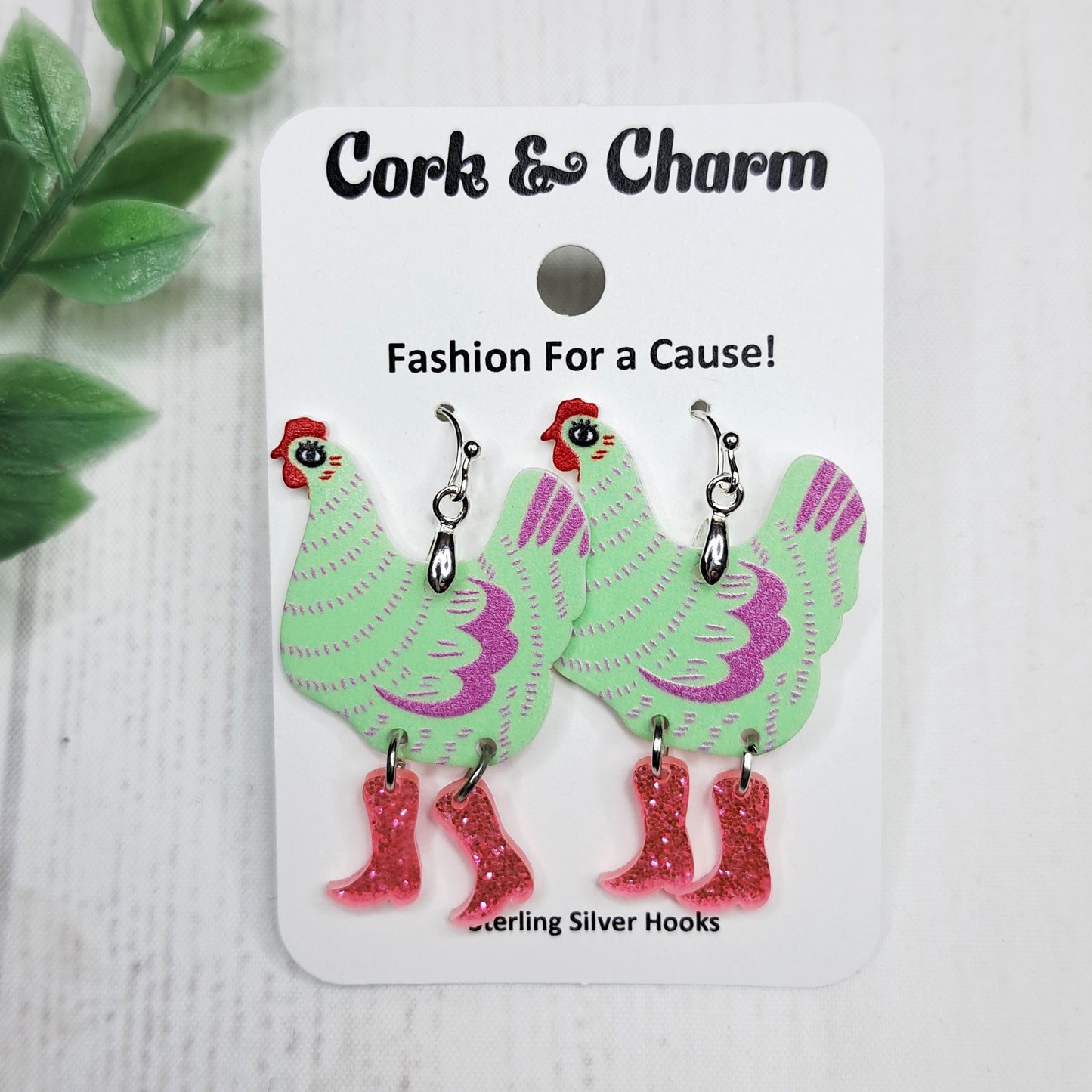 Green Chickens in Cowboy Boots Rainboots Striped Bird Acrylic Sterling Silver Earrings