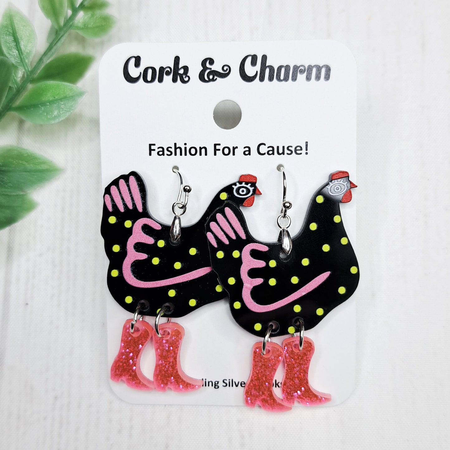 Black Chickens in Cowboy Boots Rainboots Spotted Bird Acrylic Sterling Silver Earrings
