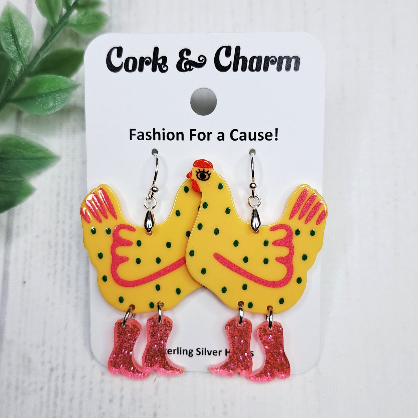 Yellow Chickens in Cowboy Boots Rainboots Spotted Bird Acrylic Sterling Silver Earrings