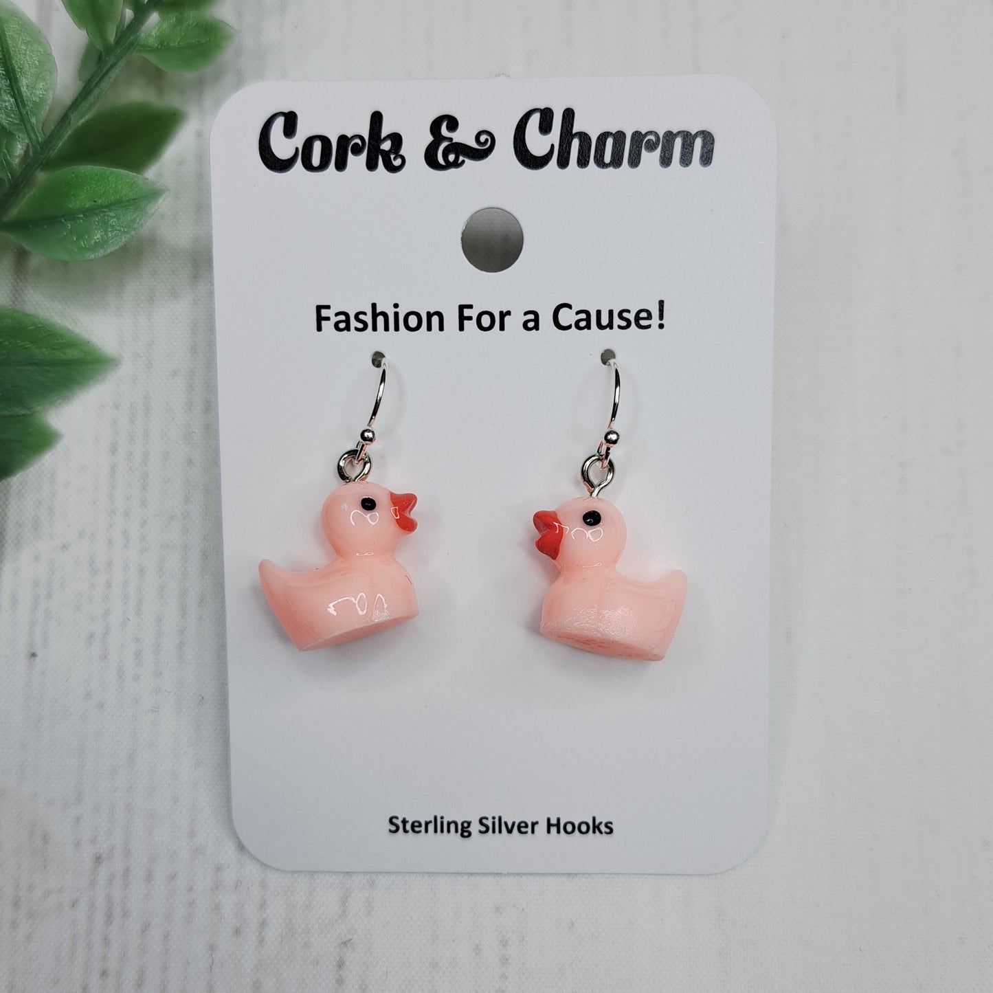 Pink Baby Duck Duckling Red Bow Bird Sterling Silver Earrings