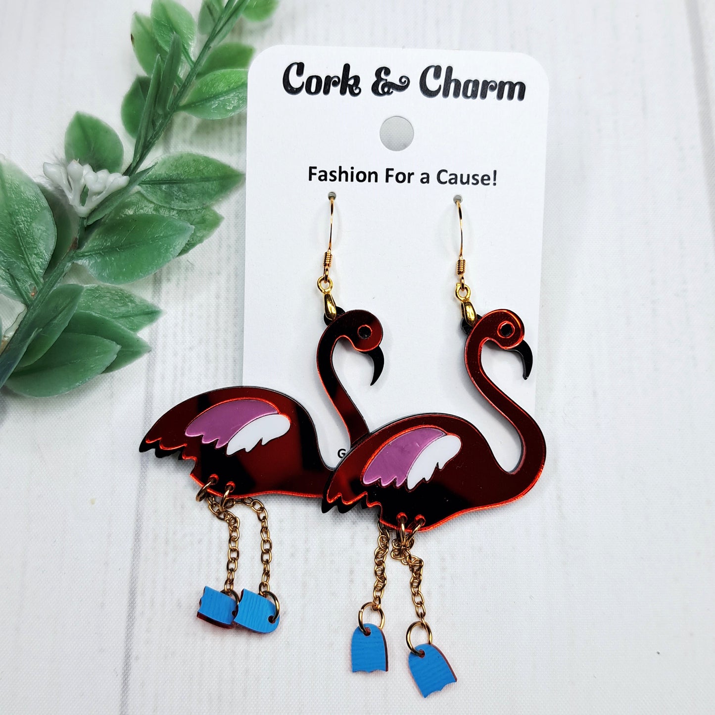 Pink Flamingo Bird Acrylic Gold Earrings