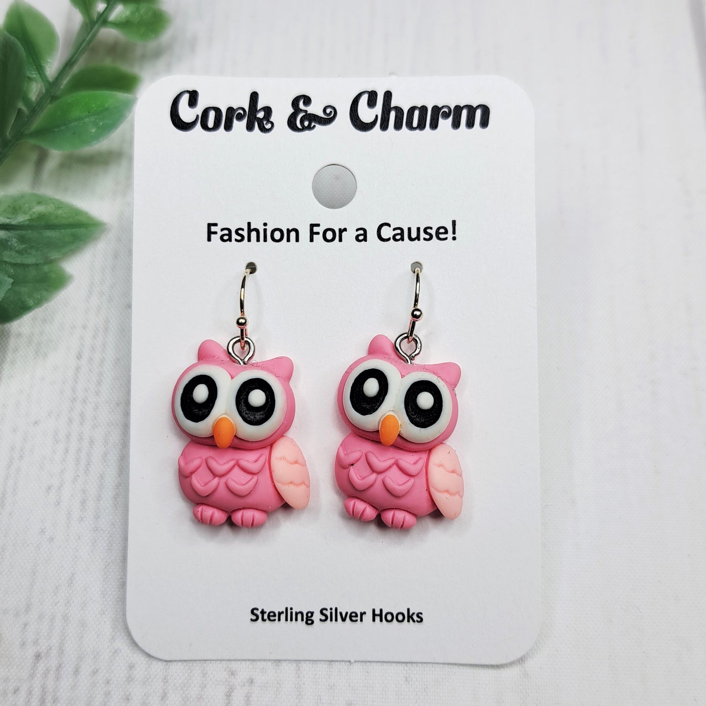 Pink Owl Bird Sterling Silver Earrings