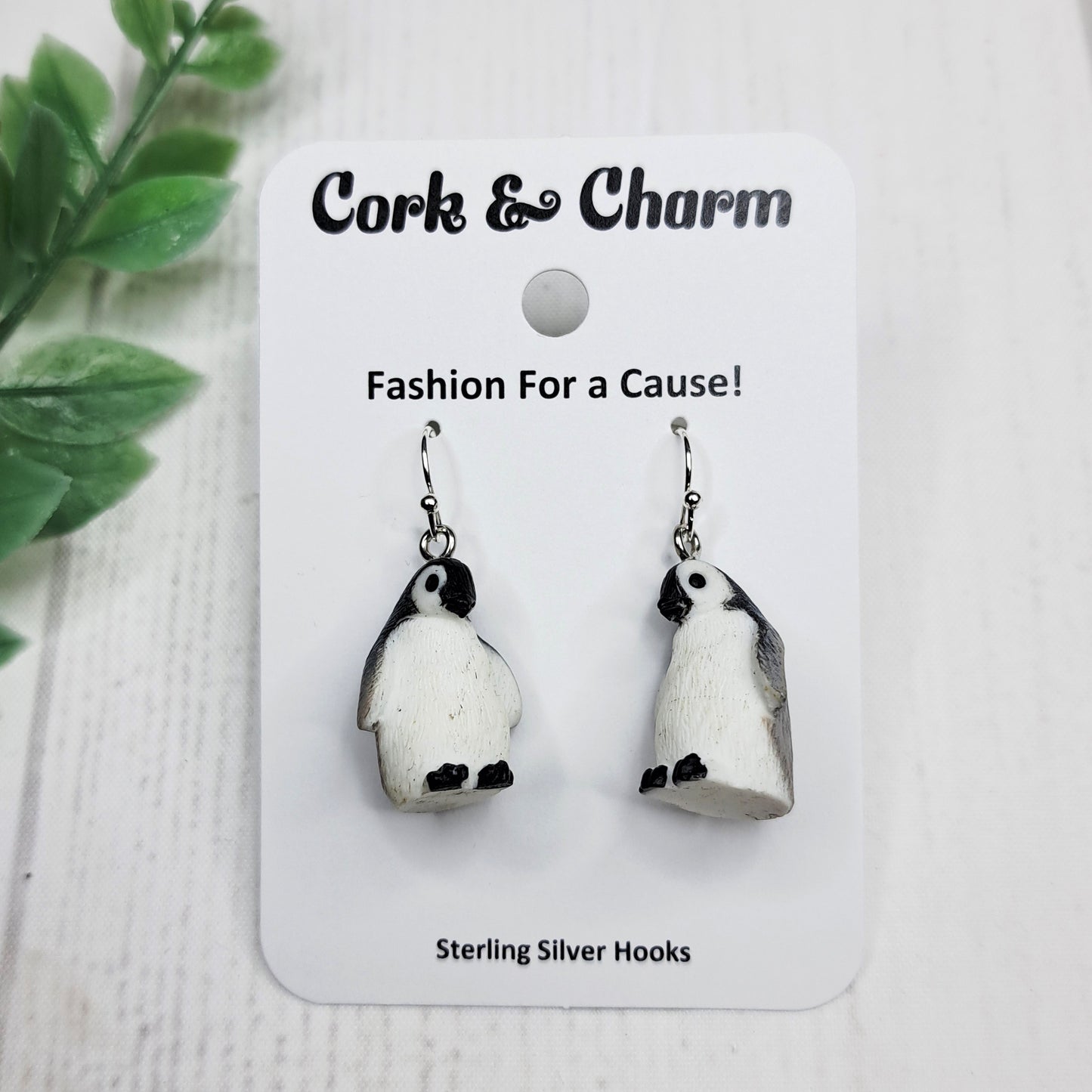 3D Black White Penguin Bird Resin Sterling Silver Earrings