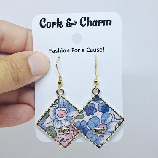 Blue Florals Love Fabric Gold Plated Earring
