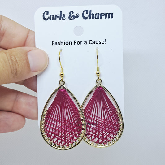 Burgundy Red Woven Thread Teardrop Gold Plated Earrings