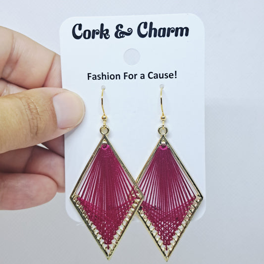 Burgundy Red Woven Thread Diamond Gold Plated Earrings