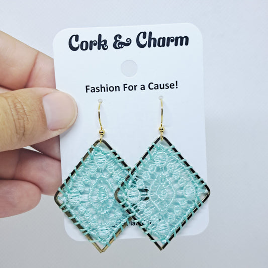 Aqua Crochet Woven Thread Diamond Gold Plated Earrings