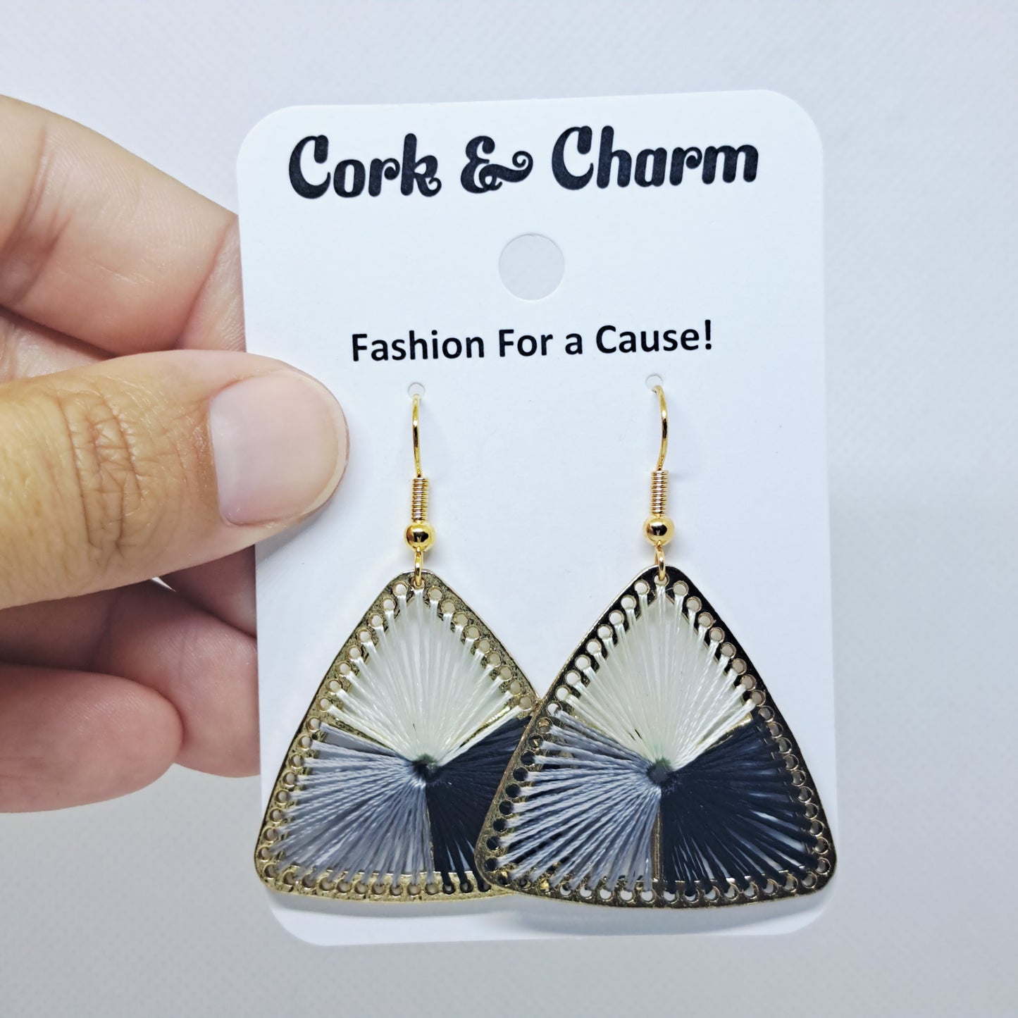 Black Gray Cream Woven Thread Triangle Gold Plated Earrings
