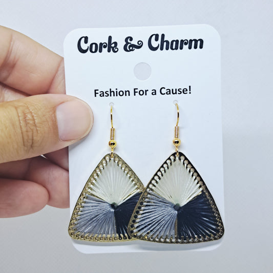 Black Gray Cream Woven Thread Triangle Gold Plated Earrings
