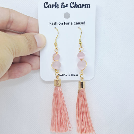 Salmon Pink Beaded Tassel Gold Plated Earrings