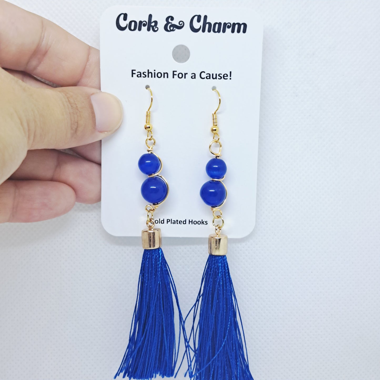 Royal Blue Beaded Tassel Gold Plated Earrings