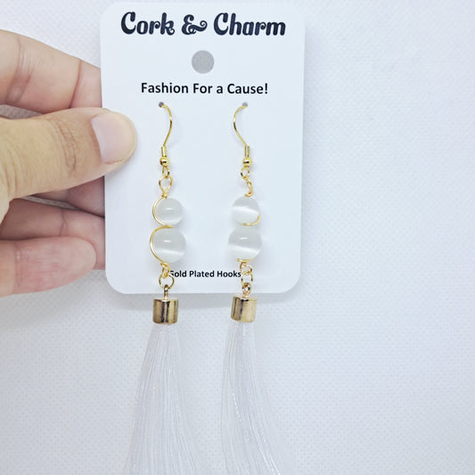 White Beaded Tassel Gold Plated Earrings