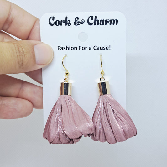 Salmon Pink Silk Fabric Tassel Gold Plated Earrings