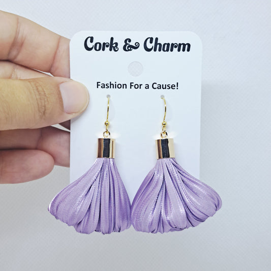 Lavendar Purple Silk Fabric Tassel Gold Plated Earrings