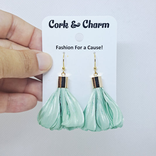 Mint Green Silk Fabric Tassel Gold Plated Earrings