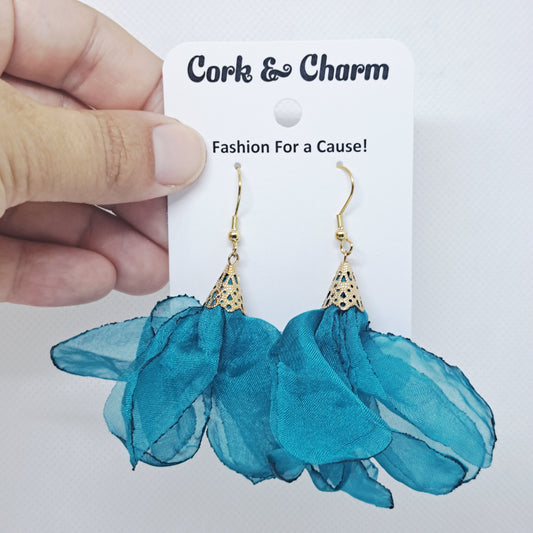 Turquoise Silk Flower Gold Plated Earrings