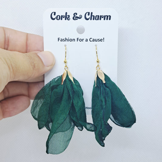 Dark Green Silk Flower Gold Plated Earrings