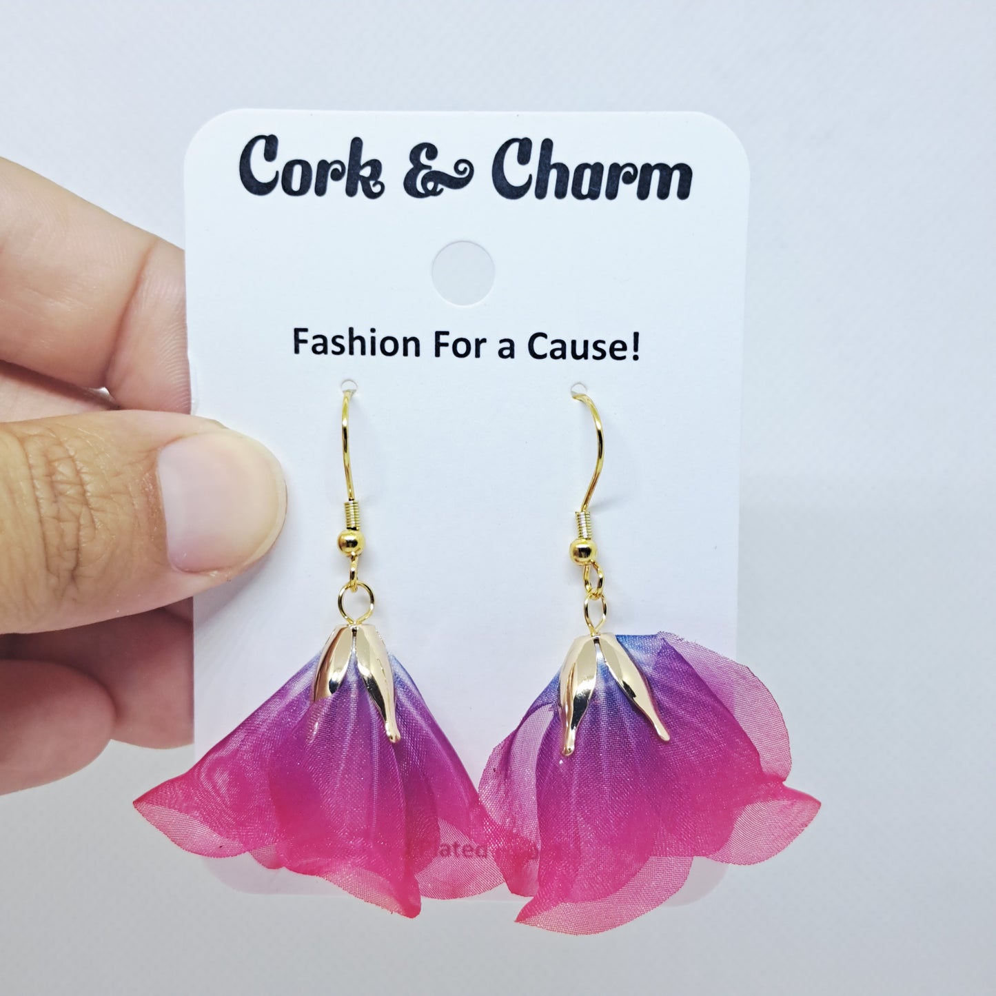 Pink Purple Silk Flower Gold Plated Earrings