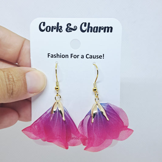 Pink Purple Silk Flower Gold Plated Earrings