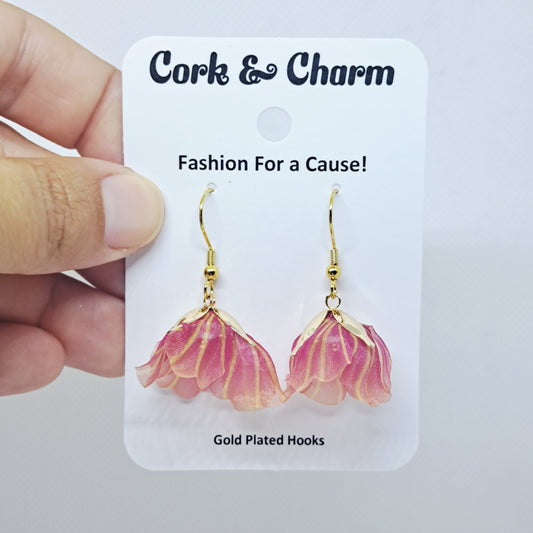 Peach Yellow Silk Flower Gold Plated Earrings