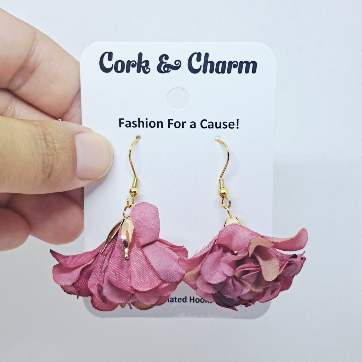 Mauve Pink Paper Flower Gold Plated Earrings