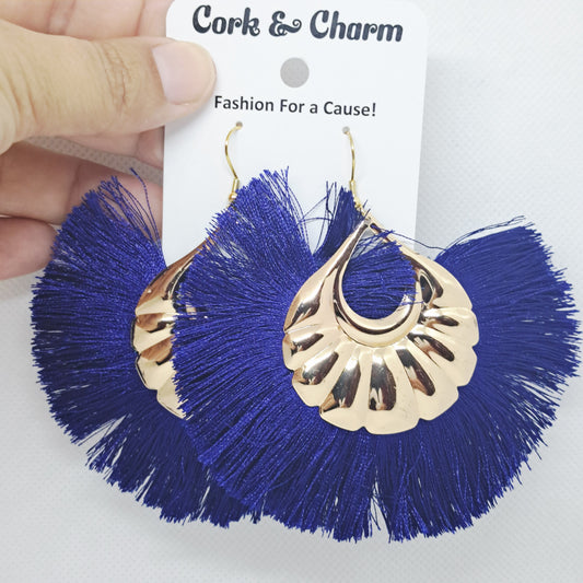 Royal Blue Bohemian Fringe Tassel Gold Plated Earrings