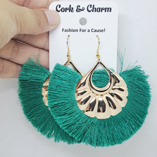 Green Bohemian Fringe Tassel Gold Plated Earrings