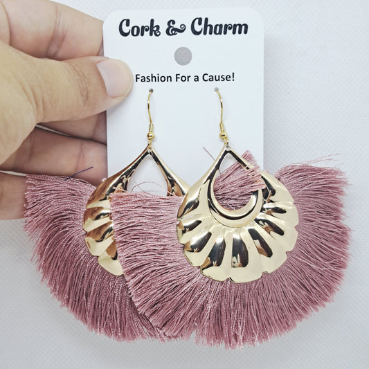 Mauve Pink Bohemian Fringe Tassel Gold Plated Earrings