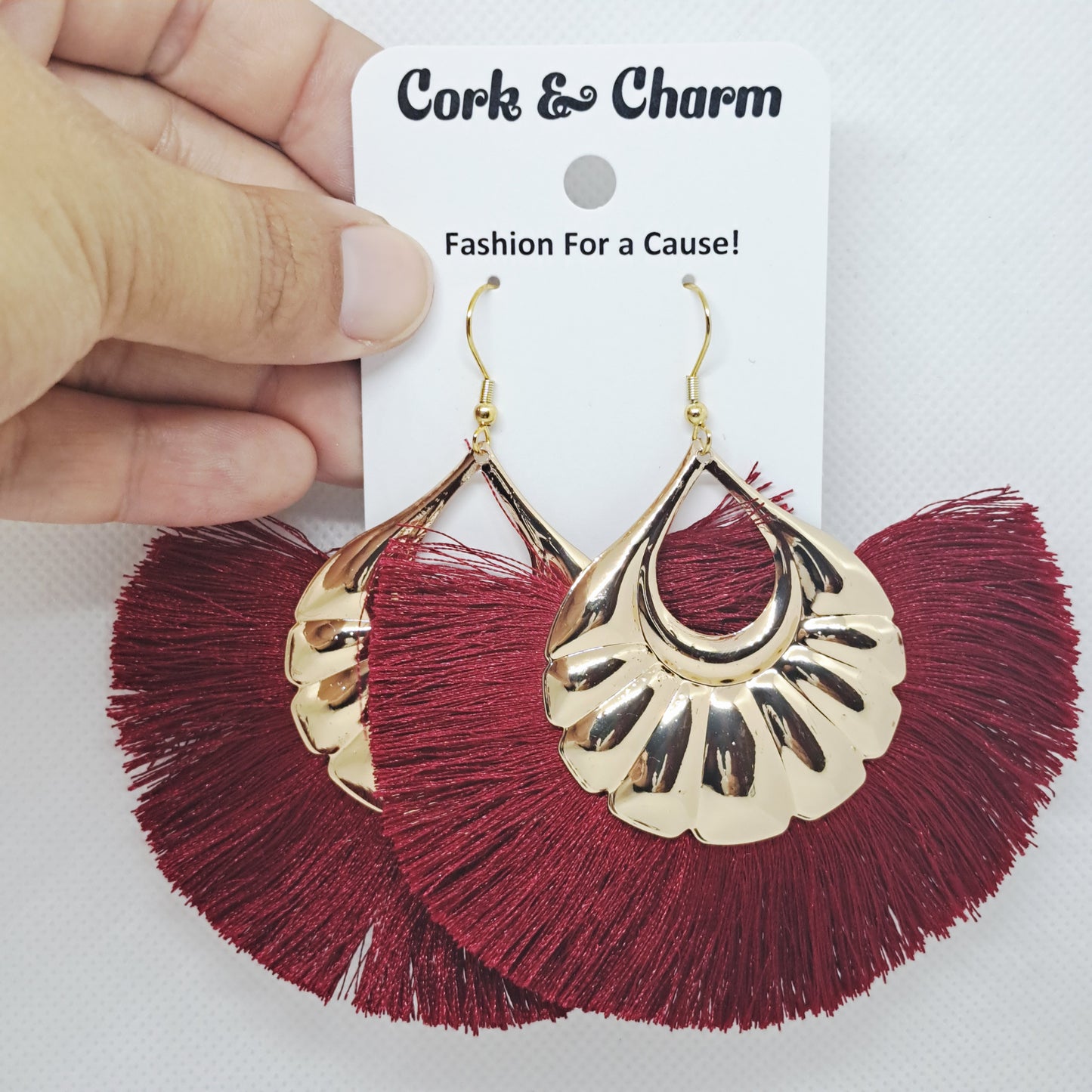 Burgundy Red Bohemian Fringe Tassel Gold Plated Earrings