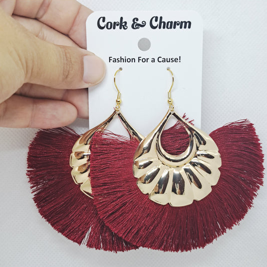 Burgundy Red Bohemian Fringe Tassel Gold Plated Earrings