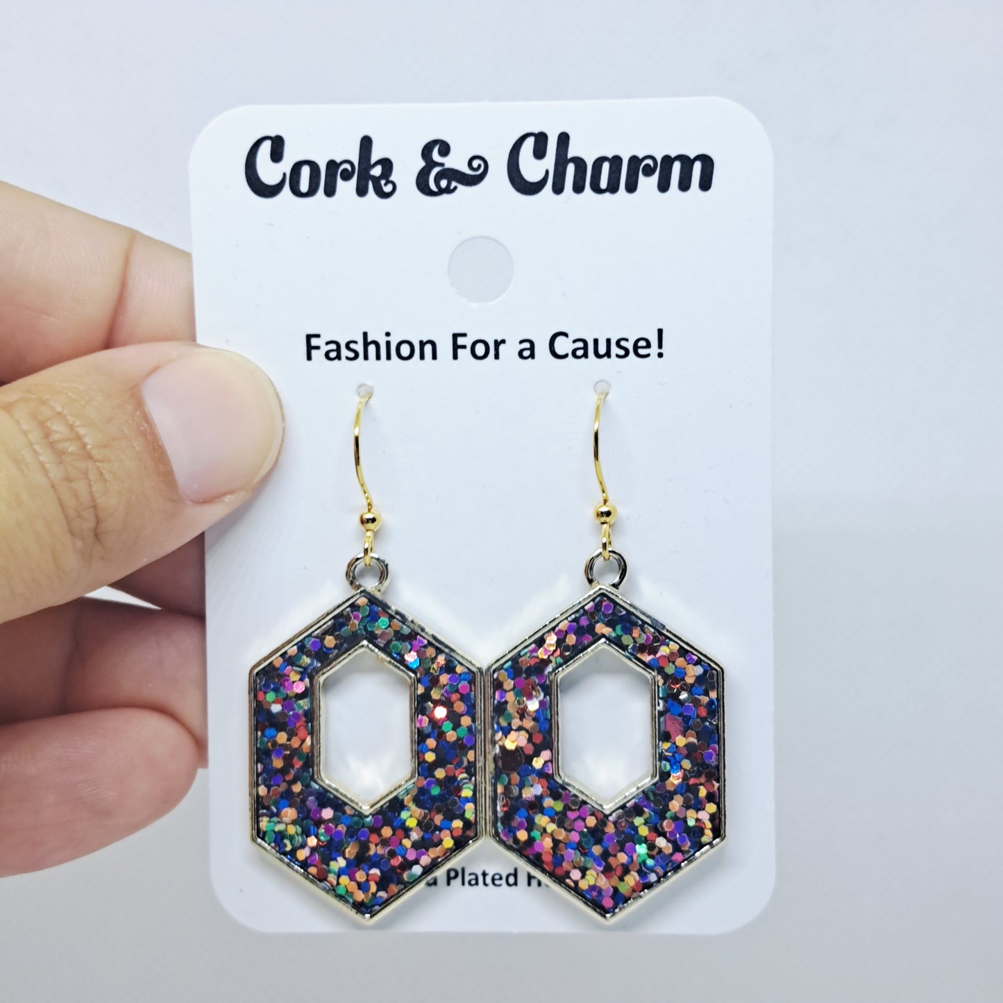 Pink Sparkle Glitter Hexagon Gold Plated Earrings