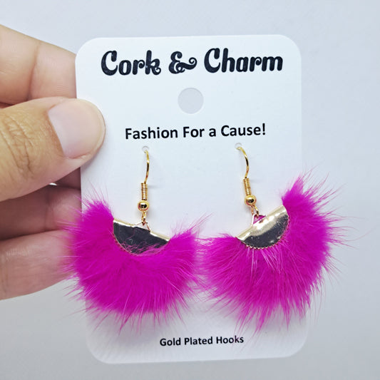 Bright Pink Faux Fur Fringe Gold Plated Earrings