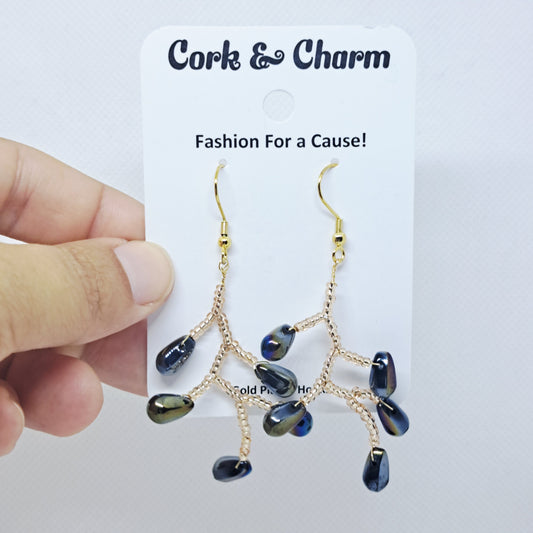 Black and Gold Beaded Flower Branch Gold Plated Earrings