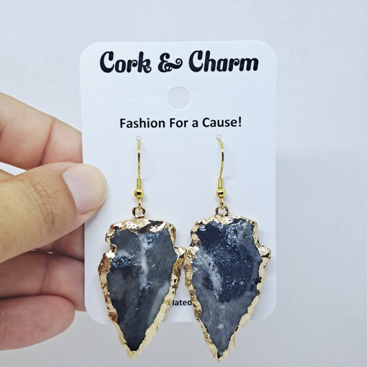 Charcoal and Gold Resin Arrowhead Stone Gold Plated Earrings