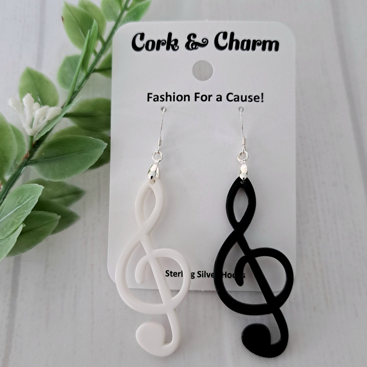 Black White Asymmetrical Clef Music Note Sterling Silver Earrings