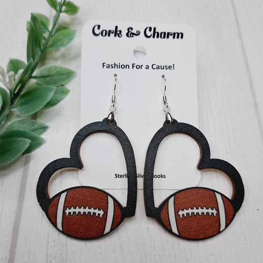 Football Wooden Heart Sterling Silver Earrings