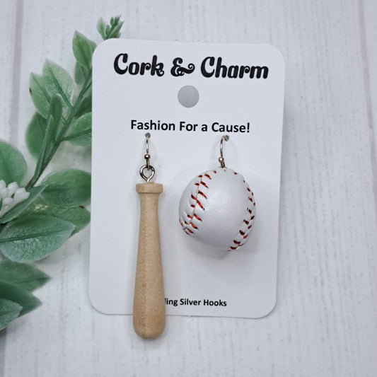 Asymmetrical Wooden Baseball Bat and Ball Sterling Silver Earrings