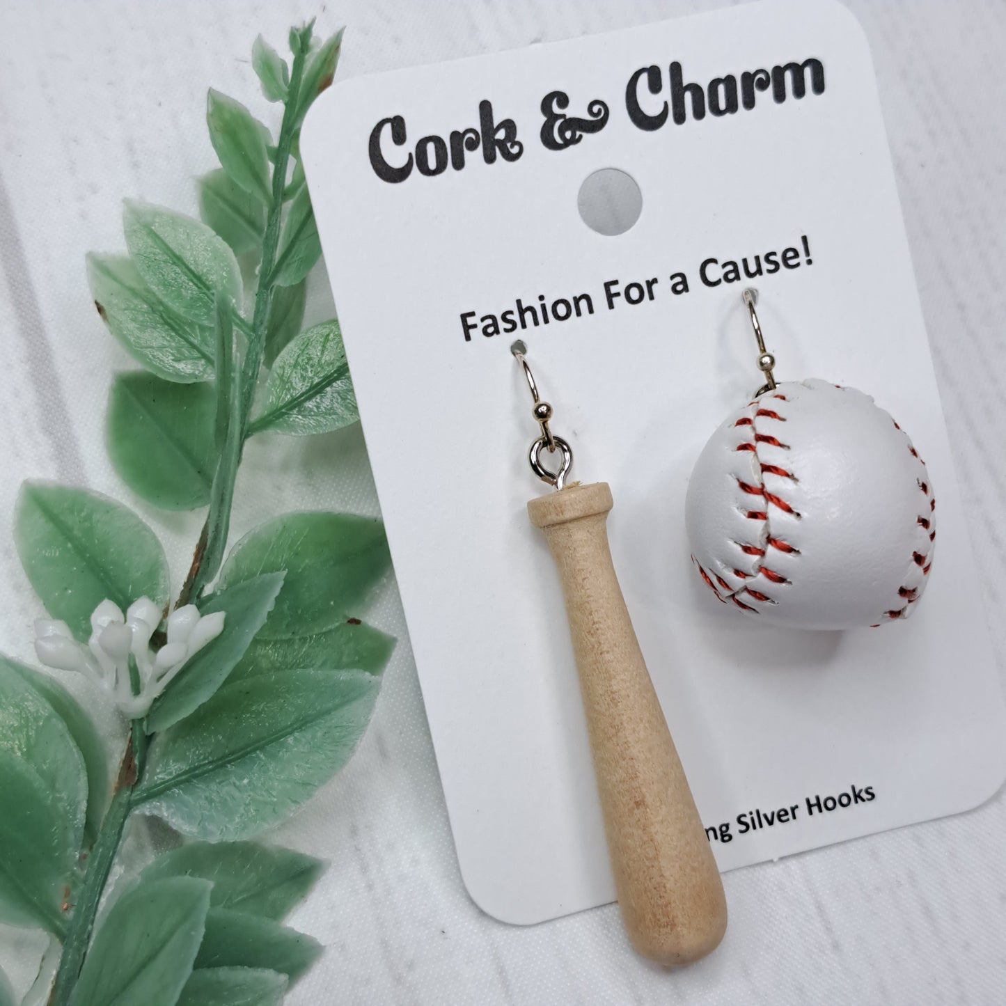 Asymmetrical Wooden Baseball Bat and Ball Sterling Silver Earrings