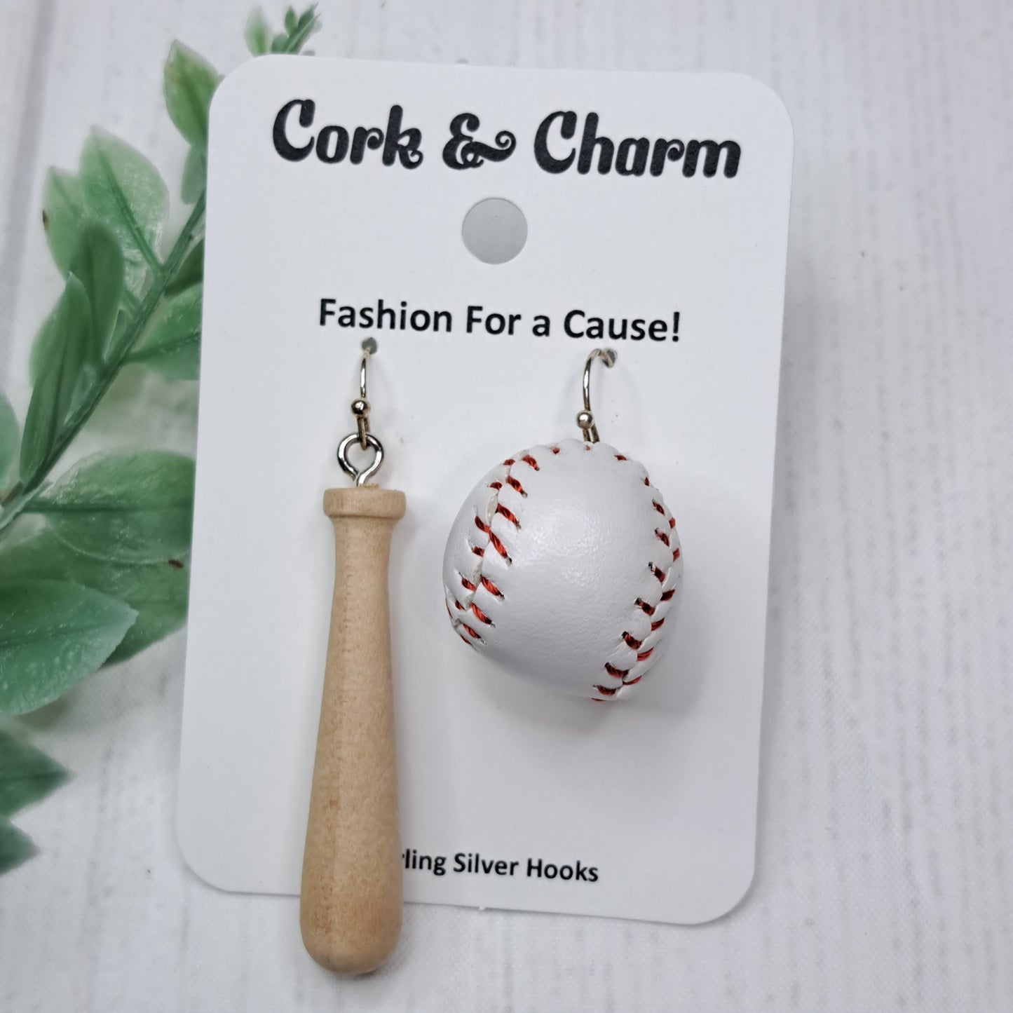 Asymmetrical Wooden Baseball Bat and Ball Sterling Silver Earrings