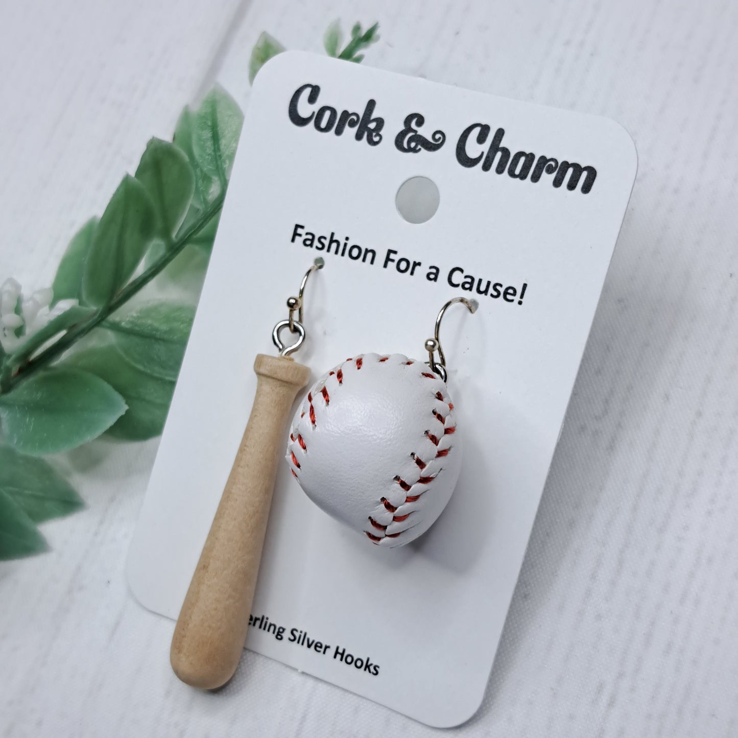 Asymmetrical Wooden Baseball Bat and Ball Sterling Silver Earrings