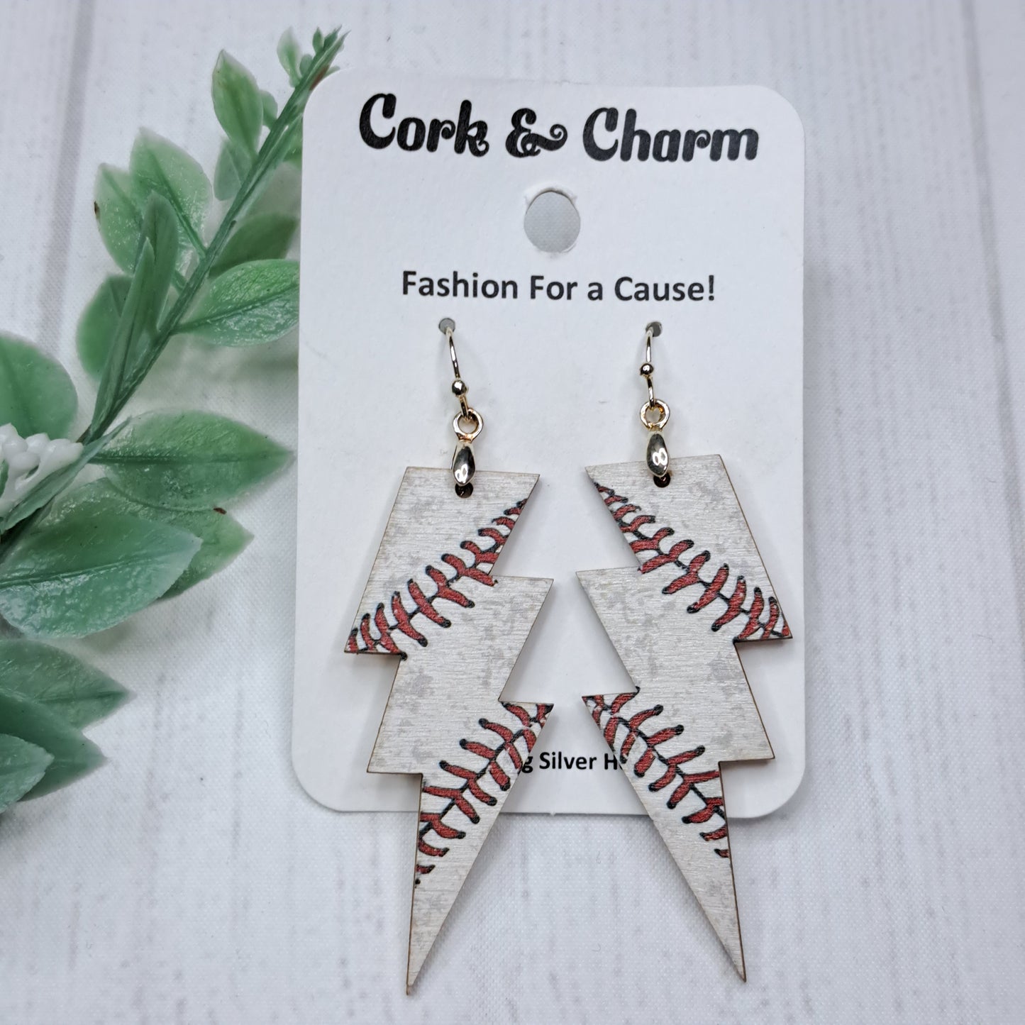 Lighting Baseball Wooden Sterling Silver Earrings