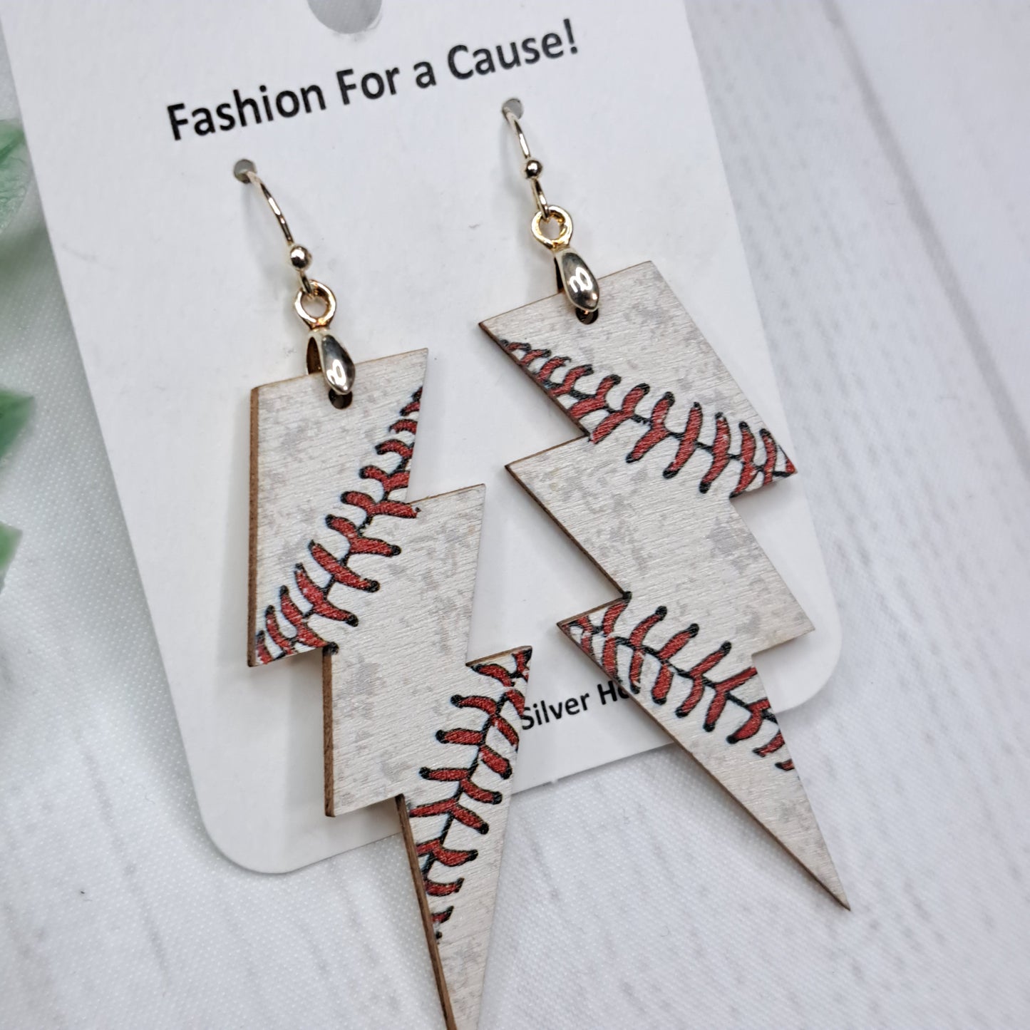 Lighting Baseball Wooden Sterling Silver Earrings