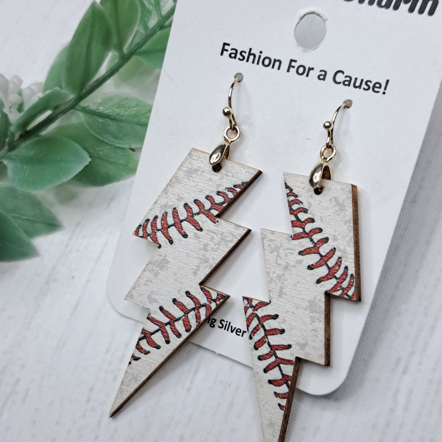 Lighting Baseball Wooden Sterling Silver Earrings