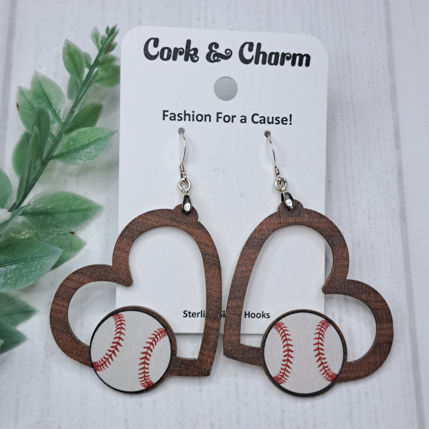 Heart Baseball Wooden Sterling Silver Earrings