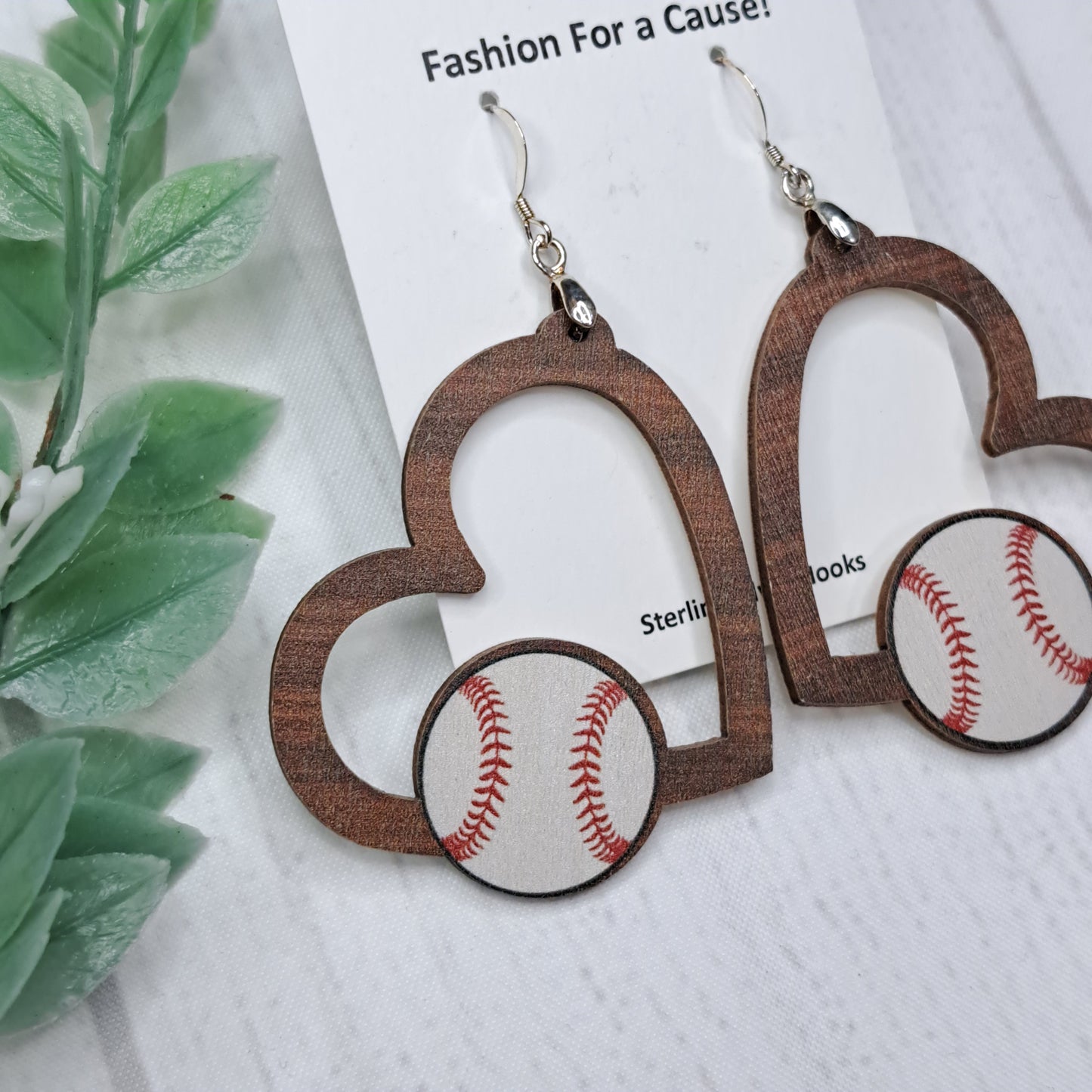 Heart Baseball Wooden Sterling Silver Earrings