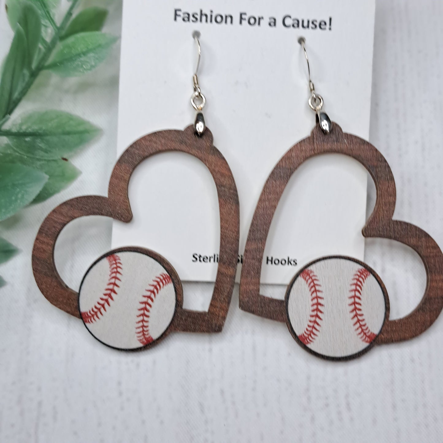 Heart Baseball Wooden Sterling Silver Earrings